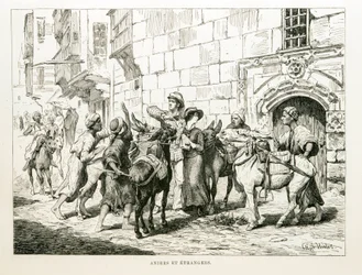 Disegno satirico che raffigura turisti occidentali circondati da asini e dai loro conducenti - Illustrazione dall