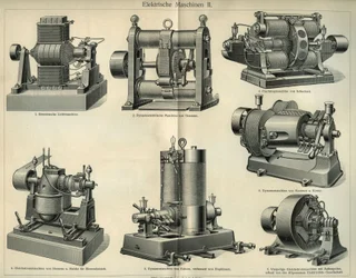 Tavola di scienza e tecnologia che rappresenta macchine elettriche tedesche. Illustrazione tratta da "Meyers Grosses Konversations - Lexikon" 1904. Bibliographers Institut, Leipzig und Wien