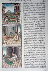 Set di ornamenti e copricapo di piume degli imperatori, pagina dal Codice Fiorentino, versione bilingue in spagnolo e nahuatl, Storia generale delle cose della Nuova Spagna, del missionario spagnolo Fray Bernardino de Sahagun. Civiltà azteca