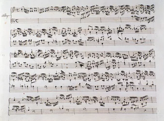 Pagina di spartito musicale per la Fuga di Handel da un manoscritto contenente due opere di Domenico Scarlatti e Friedrich Handel