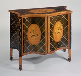 Comò serpentino in legno di Sheraton e marqueterie, c.1790