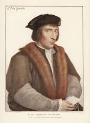 Sir John Godsalve, di Norwich, Norfolk, politico inglese (m. 1556). Incisione a mano colorata di Francis Bartolozzi da Hans Holbein da Facsimiles of Original Drawings di Hans Holbein, Hamilton, Adams, Londra