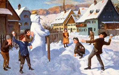 Pupazzo di neve e bambini che giocano, c. 1910