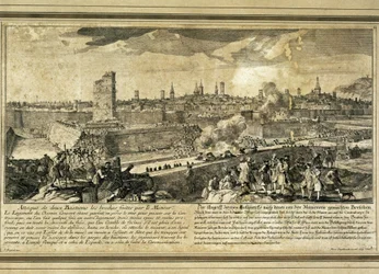 Spagna: Guerra di Successione Spagnola (1714). Assedio di Barcellona (incisione)