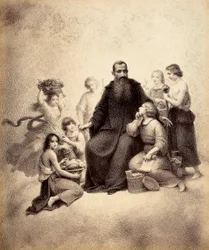 San Benedetto in trono è circondato da giovani con fasci di grano e cesti di frutta. Illustrazione del Canto XXXII del Paradiso della Divina Commedia di Dante Alighieri. Opera di Francesco Scaramuzza dedicata al Comune di Firenze
