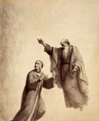 San Bernardo indica a Dante la Rosa dei beati dove siede Beatrice. Illustrazione del Canto XXXI del Paradiso della Divina Commedia di Dante Alighieri. Opera di Francesco Scaramuzza dedicata al Comune di Firenze
