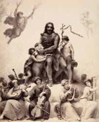 San Giovanni Battista siede, circondato da angeli musicisti, e accarezza un agnello sulla testa. Illustrazione del Canto XXXII del Paradiso della Divina Commedia di Dante Alighieri. Opera di Francesco Scaramuzza dedicata al Comune di Firenze.