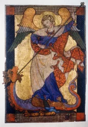 San Michele che sconfigge il drago - Pergamena, c.1330, Staatliche Museen Kupferstichkabinett, Berlino