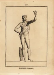 Statua di Bacco Lenaios, il dio romano del vino, nudo tranne che per una pelle di leone, che preme un grappolo d