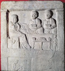Rilievo di stele di un banchetto funebre (pietra) con iscrizione greca, Asia Minore
