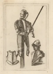 Armatura da giostra con grande guardia e appoggio per lancia dalla Torre di Londra 1, elmo e grande guardia 2, pettorale di una corazza 3
