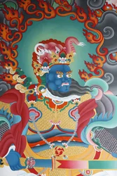 Guardia del tempio che protegge il Sud, chiamata Virudhaka, monastero di Kopan, Kathmandu, Nepal