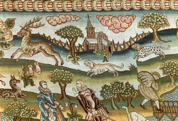 Il tappeto da tavolo di Bradford, dettaglio di cani che inseguono un cervo, ricamato su tela di lino in sete colorate, inglese, fine XVI secolo