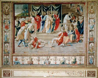 La morte di Aniano dagli Arazzi di Bruxelles, repliche della serie vaticana di Raffaello degli Atti degli Apostoli