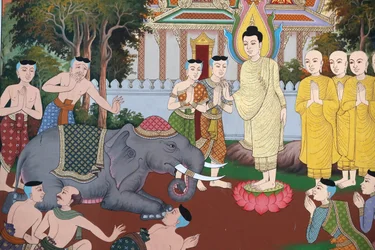 La vita del Buddha, Un elefante selvaggio domato dalla gentilezza amorevole, Affresco murale, Monastero Wat Maniratanaram, Phnom Penh, 2022
