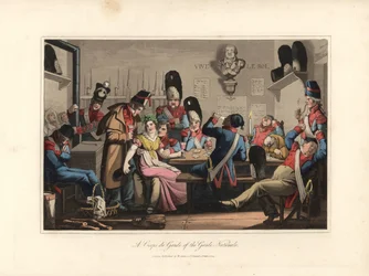 Le Guardie nazionali nei corpi di guardia, mentre bevono con la vivandiera e il venditore di liquori, giocano a carte e fumano la pipa, alcuni dormono - Acquaforte da un