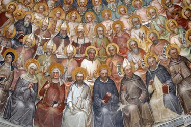 Battistero di Padova. Affreschi del soffitto del XIV secolo di Giusto de Menabuoi. Il Paradiso. Cristo benedicente con patriarchi, profeti e santi. Dettaglio. Padova, Italia.