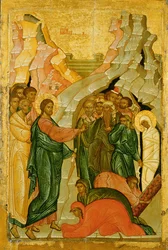 La Resurrezione di Lazzaro, icona russa, Scuola di Novgorod