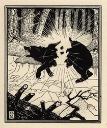 Il barone fa esplodere un orso nero con due pietre focaie. Illustrazione di William Strang (1859-1921) e J. B. Clark da “Le avventure del barone di Munchausen (Munchhausen)” di Rudolf Erich Raspe (1736-1794) (1789)