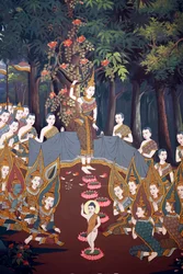 La nascita del bambino Siddhartha, affresco murale, tempio Wat Botum, Phnom Penh, 2022