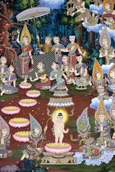 La nascita del neonato Siddhartha, affresco murale, monastero Wat Maniratanaram, Phnom Penh, 2022 (foto)