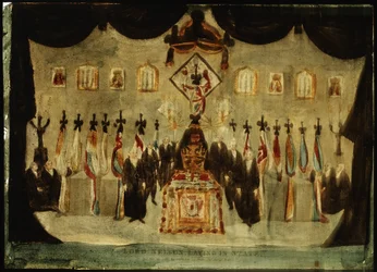 Il corpo di Horatio Nelson (1758-1805) riposa nella Painted Hall del Royal Naval College di Greenwich durante il funerale al terzo giorno, il drappo nero che copre la bara è rimosso, e le guardie vestite di nero stanno ai lati