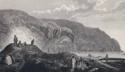 Gli abitanti di Oonalashka (o Unalaska, Alaska, Stati Uniti) e le loro case. Incisione della fine del XVIII secolo, dopo John Webber (1751-1793)