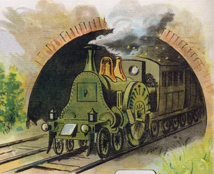 Treno che esce da un tunnel. Incisione in "ABC L