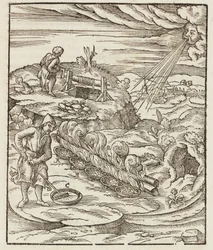 Trattamento del bismuto - Incisione tratta da Descrizione dei minerali e dei principali metodi di sfruttamento minerario, di Lazarus Ecker