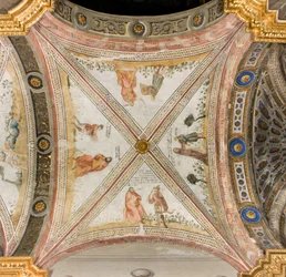 Transetto sud, terza campata ovest, Isacco chiede a Esaù di portargli selvaggina, Rebecca veste Giacobbe con i vestiti di Esaù, Giacobbe scambiato per Esaù dà cibo a Isacco, Esaù ritorna con la selvaggina, Cattedrale di Santa Maria Assunta, Duomo, Cremona,
