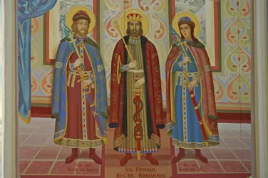 Ucraina, Kiev, Monastero Ortodosso di San Michele (orig1108, ricostruito 2001), affresco esterno