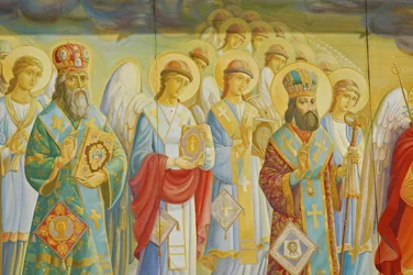 Ucraina, Kiev, Monastero Ortodosso di San Michele (orig1108, ricostruito 2001), affresco esterno