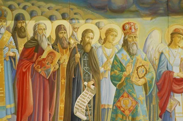Ucraina, Kiev, Monastero Ortodosso di San Michele (orig 1108, ricostruito 2001), affresco esterno