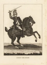 Uniforme della cavalleria Dragone Leggero, con spada, moschetto e elmo