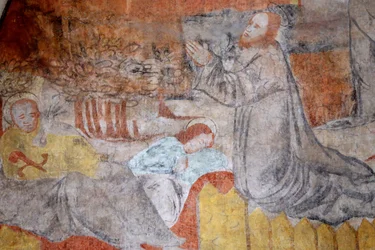 Chiesa di Vault de Lugny. Affresco del XVI secolo. Cristo nella sua passione. Getsemani, Gesù prega, mentre i discepoli riposano