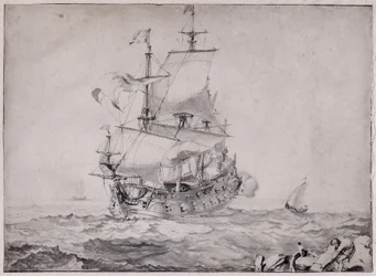 Navi in mare che sparano il cannone - disegno di Pierre Puget (1620-1694) 17° secolo