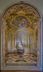 Vista della Cappella con affreschi di Lorenzo de Ferrari e la statua di Pierre Puget, Palazzo Carrega-Cataldi (ex Palazzo Tobia Pallavicini), Genova, Liguria, Italia