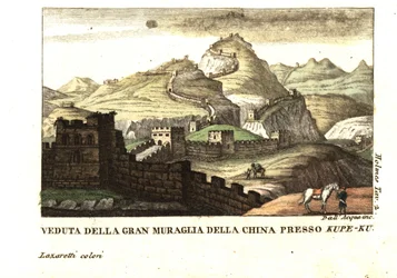 Vista della Grande Muraglia Cinese vicino a Kou-Pee-Keow, al passo tra Cina e Tartaria Orientale. Dal diario di Samuel Holmes (18°-19° secolo) Viaggio in Cina e Tartaria. Incisione su rame colorata a mano di Lazaretti da Giovanni B