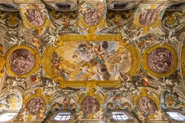 Vista del soffitto, Chiesa della Nunziatina, Todi, Umbria, Italia