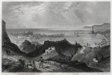 Vista della città e del porto di Genova, la città di marmo, Genova-la-Superba, nel libro sulla Mediterranea di Louis Enault (1824-1900), giornalista e viaggiatore francese