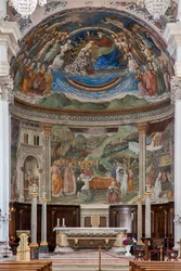 Veduta della navata e del presbiterio con le Storie della Vergine, Duomo, Cattedrale di S. Maria Assunta, Spoleto, Umbria, Italia