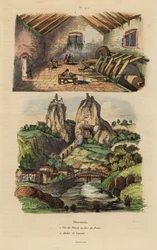 Veduta della città, ponte e chiesa sulla roccia a Oberstein 1, e veduta del mulino per la lucidatura di agata e diaspro 2