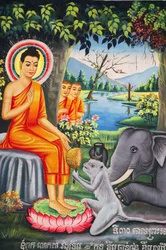 Pittura murale nel Wat Pitchey Udong: scena della vita del Buddha, il Buddha nutrito da una scimmia mentre digiuna, Kampot, Cambogia