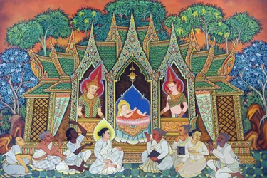 Tempio buddista Wat Ananda Metyarama Thai. Nascita di Siddhartha Gautama (comunemente noto come Buddha), 20160818, Singapore, Singapore