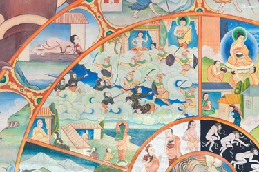 Ruota della vita, dettaglio, pittura murale a Wat Umong, Chiang Mai, Thailandia