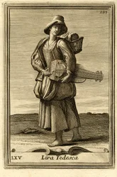 Donna che suona la vecchia ruota (o "Lira tedesca" o "ghironda"). In "Gabinetto Armonico" di Filippo Bonanni, Roma