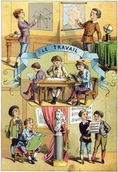 Lavoro in classe. Incisione in "Alfabeto dei piccoli scolari". Imagerie d