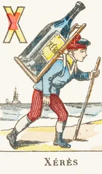 X: Xeres, un ragazzo tiene sulla schiena una grande bottiglia di vino - Alfabeto dei giochi, circa 1890 (incisione)