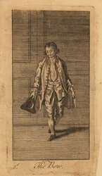 Giovane gentiluomo che si inchina con il cappello in mano in una stanza con pannelli