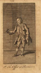 Giovane gentiluomo che offre/riceve un libro in una stanza pannellata